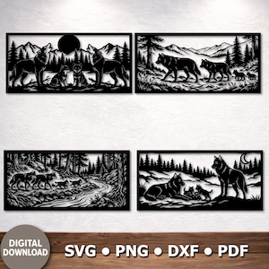 May include: Four black metal wall art pieces depicting wolves in various forest scenes. Each piece features intricate cut-out designs of wolves, trees, mountains, and a moon. The bottom left corner of the image has the text "DIGITAL DOWNLOAD".