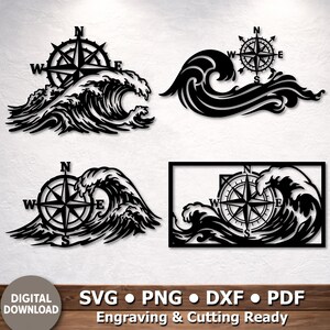 May include: Four black metal wall art pieces depicting a compass rose design above stylized ocean waves. The compasses point North, South, East, and West. The words "DIGITAL DOWNLOAD" and "Engraving & Cutting Ready" are also visible.
