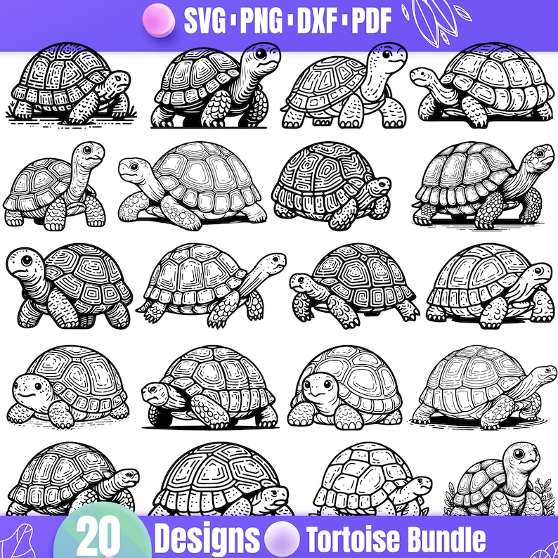 Pu&ograve; includere: Un set di 20 illustrazioni di tartarughe in bianco e nero. Le tartarughe sono in varie pose, alcune con la testa alzata, altre con la testa bassa e altre con le zampe distese. Le illustrazioni sono perfette per l'uso in progetti di artigianato, scrapbooking o design digitale.