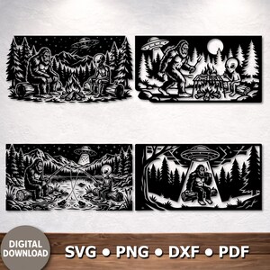 Puede incluir: Cuatro piezas de arte mural de metal negro que representan escenas de Bigfoot y extraterrestres. Una los muestra junto a una fogata, otra pescando y otras dos con un OVNI. La parte inferior de la imagen tiene el texto "DIGITAL DOWNLOAD" y opciones de tipo de archivo.