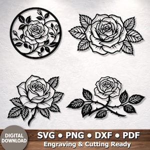 May include: Four black silhouette designs of roses with leaves and stems. One rose is enclosed in a circle, while the others are standalone floral arrangements. The text at the bottom reads: DIGITAL DOWNLOAD SVG PNG DXF PDF Engraving & Cutting Ready.