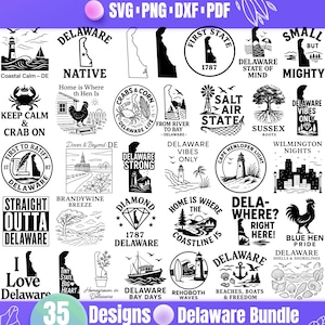 May include: A collection of 35 Delaware-themed designs in SVG, PNG, DXF, and PDF formats. The designs include illustrations of a lighthouse, crab, rooster, and the state outline, with text such as "Delaware Vibes Only" and "Home is Where the Coastline Is."