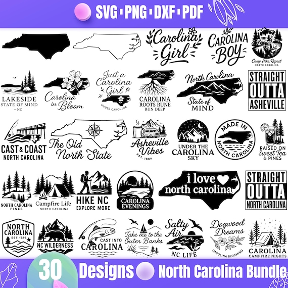 North Carolina SVG Bundle | 30 North Carolina State Designs | ngn, Dxf, Pdf, Jpg | Carolina Girl, Asheville, Outer Banks, Cricut Cut Files