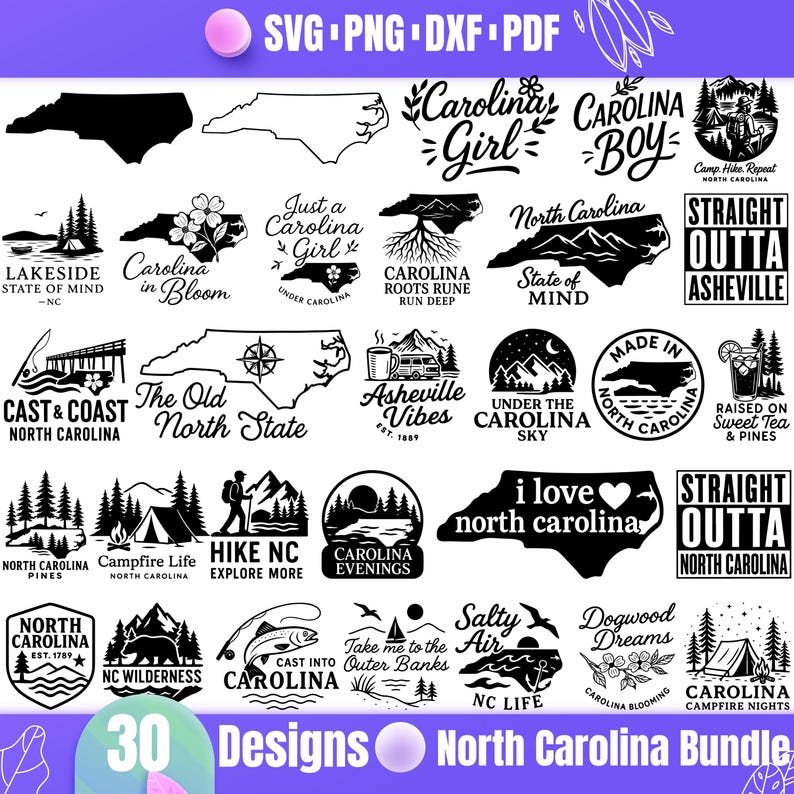 K&ouml;nnte beinhalten: Eine Sammlung von 30 Designs zum Thema North Carolina in den Formaten SVG, PNG, DXF und PDF. Die Designs umfassen Text und Grafiken, die sich auf den Bundesstaat beziehen, wie z. B. die Umrisse des Bundesstaates und Szenen im Freien.