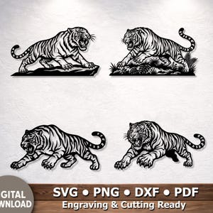 Puede incluir: Cuatro ilustraciones digitales en blanco y negro de tigres en varias poses de acecho y rugido. Los diseños presentan rayas detalladas y están etiquetados como archivos SVG, PNG, DXF y PDF, listos para grabado y corte.