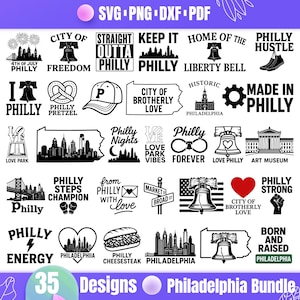 May include: A collection of 35 Philadelphia-themed designs in SVG, PNG, DXF, and PDF formats. The designs include iconic landmarks, phrases like "Philly Hustle," and the Liberty Bell, perfect for crafting projects.