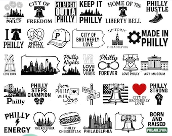 Paquete SVG de Filadelfia / 35 diseños de imágenes prediseñadas de Filadelfia / Vector de la Campana de la Libertad y la Ciudad del Amor Fraternal / Filete de queso de Filadelfia / Imprimible
