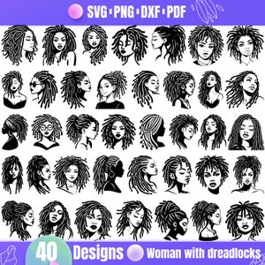 Puede incluir: Un conjunto de 40 ilustraciones vectoriales en blanco y negro de mujeres con rastas. Las ilustraciones están en varios estilos, incluyendo perfil, cara completa y vista lateral.  40 Designs Mujer con rastas