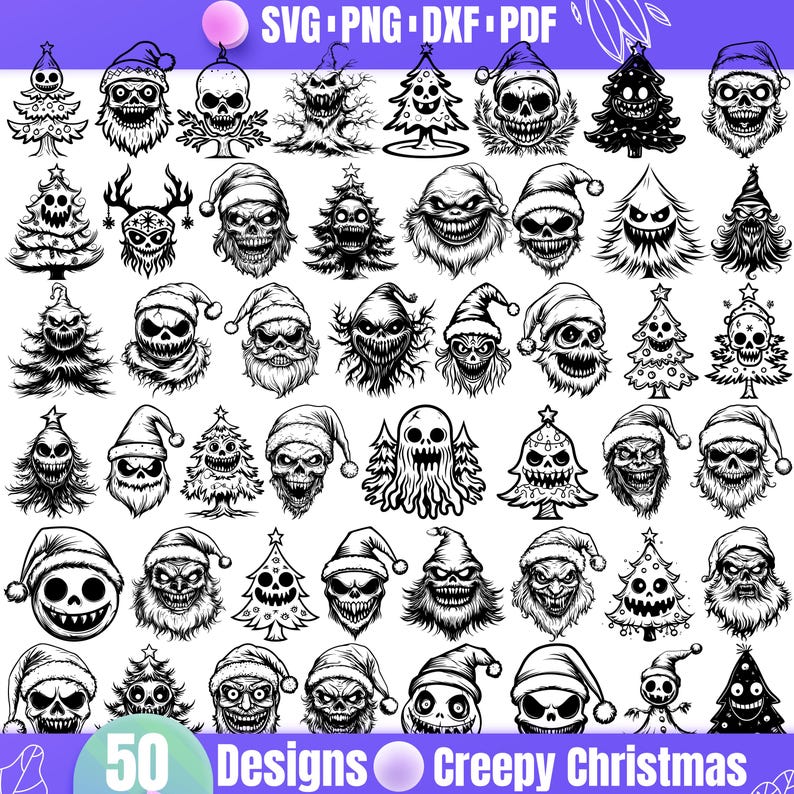 May include: 50 black and white designs of creepy Christmas characters, including ghosts, skeletons, and Santa Claus. The designs are perfect for crafting, scrapbooking, and other creative projects.