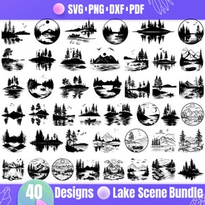 May include: A set of 40 black and white lake scene designs. The designs feature various lake scenes with mountains, trees, and boats. The designs are perfect for creating crafts, cards, and other projects.