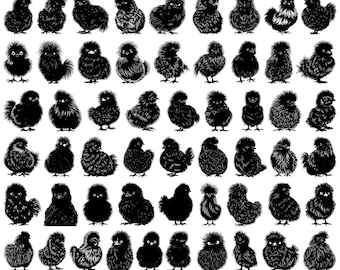 Silkie Chicken SVG Bundle, 55 Fluffy Chick Designs, Cute Farm Animal Silhouette, Funny Chicken