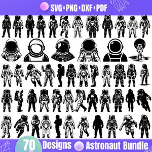 Pode incluir: Um conjunto de 70 desenhos de silhuetas de astronautas em preto e branco. Os desenhos de astronautas estão em várias poses, incluindo em pé, andando e segurando objetos. O texto "70 Designs Astronaut Bundle" está na parte inferior da imagem.