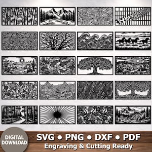 May include: A collection of black laser-cut panels featuring various nature-themed designs. The panels include images of bamboo, mountains, waves, trees, horses, and other natural elements. The text "DIGITAL DOWNLOAD" and file type options are also visible.