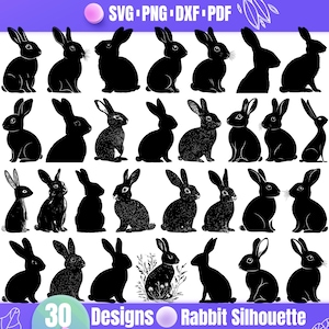 Rabbit Silhouette SVG Bundle, 30 Bunny Silhouette Designs, Rabbit Clipart S, Bunny Outline Vector, Cute Rabbit Cut Files for Cricut