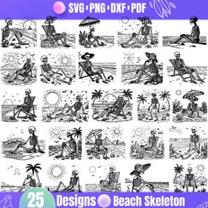 Puede incluir: Un conjunto de 25 ilustraciones en blanco y negro de esqueletos disfrutando de la playa. Los esqueletos se representan en varias poses, como sentados en sillas de playa, nadando en el océano y tomando el sol en la arena. Las ilustraciones son perfectas para usar en una variedad de proyectos creativos, como el scrapbooking, la creación de tarjetas y el diseño digital.