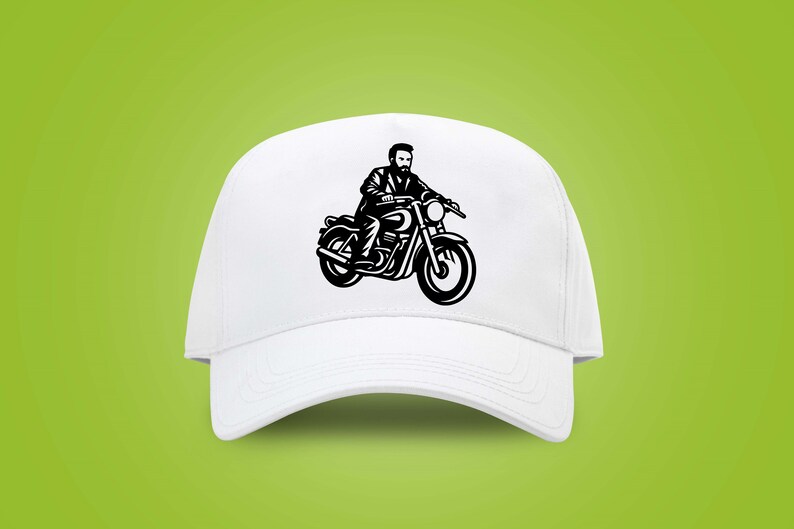 May include: White baseball cap featuring a black illustration of a person riding a motorcycle. The graphic depicts a bearded rider on a classic motorcycle. The cap has a curved brim and a structured crown, suitable for casual wear.