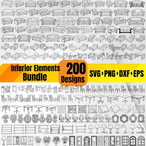 May include: A collection of 200 black and white line drawings of interior design elements, including sofas, beds, chairs, tables, lamps, vases, and more. The text "Interior Elements Bundle 200 Designs SVG PNG DXF EPS" is at the top of the image.