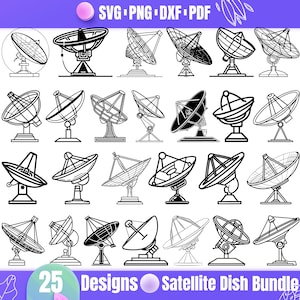 May include: A set of 25 black and white satellite dish designs. The designs are in various shapes and sizes, and some have a more detailed design than others. The designs are perfect for use in crafts, scrapbooking, or other creative projects.
