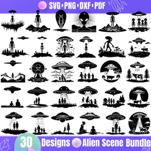 Alien Scene SVG Bundle - 30 UFO Silhouette Designs for Cricut & Laser Cut - Extraterrestrial svg png dxf pdf Files for Sci-Fi Crafts