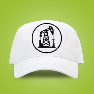 May include: White baseball cap with a black circle and an oil rig graphic.