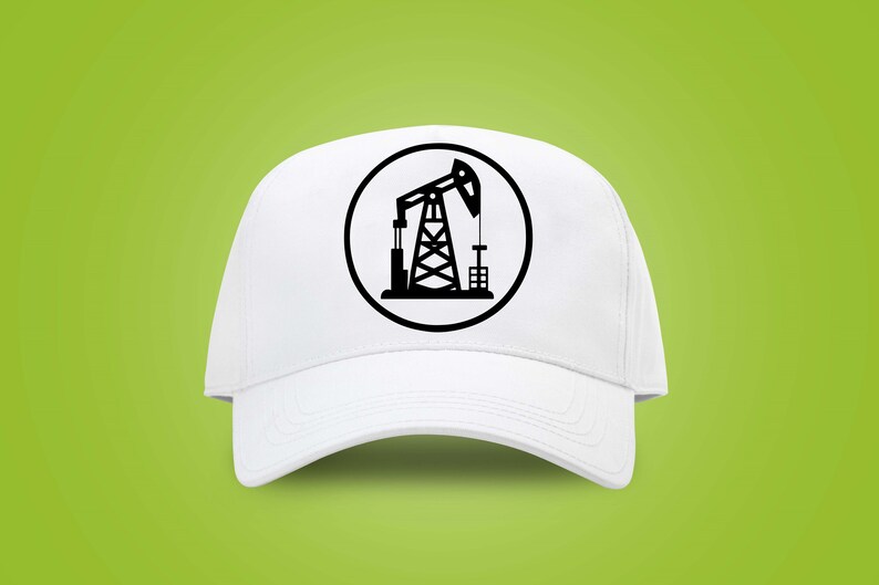 May include: White baseball cap with a black circle and an oil rig graphic.