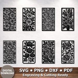 May include: A collection of eight black laser-cut rose designs, each in a rectangular frame. The designs vary in detail, showcasing different arrangements of roses and leaves. The bottom left corner features the text "DIGITAL DOWNLOAD". Below the designs is the text "SVG • PNG • DXF • PDF Engraving & Cutting Ready".