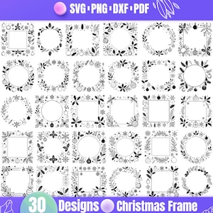 May include: A set of 30 black and white Christmas frame designs. The frames are a mix of circles and squares with various Christmas-themed decorations, including snowflakes, holly, and ornaments.
