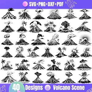 Puede incluir: Un conjunto de 40 ilustraciones vectoriales en blanco y negro de volcanes en varios estilos. Las ilustraciones incluyen volcanes con humo, palmeras y olas. El texto "40 Designs Volcano Scene" está en la parte inferior de la imagen.