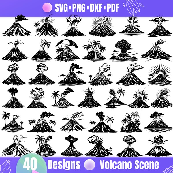 Bundle SVG scène de volcan de haute qualité, dxf de scène de volcan, png de scène de volcan, vecteur de scène de volcan, clipart de scène de volcan, svg de magma