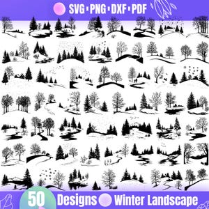 Puede incluir: 50 diseños de paisajes de invierno en silueta en blanco y negro. Cada diseño presenta una variedad de árboles, un río y nieve. Los diseños son perfectos para crear manualidades, tarjetas y decoraciones con temática invernal.