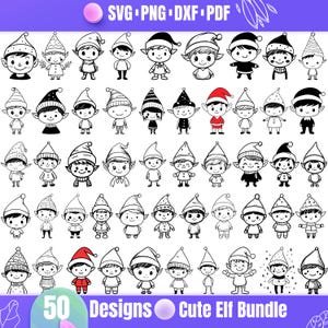 Puede incluir: Un conjunto de 50 diseños de elfos adorables en formatos SVG, PNG, DXF y PDF. Los elfos se representan en varias poses y estilos, algunos en color y otros en blanco y negro. El texto dice "Cute Elf Bundle".