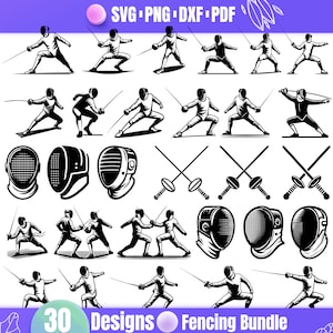 May include: A set of 30 black and white vector illustrations of fencers in various poses. The illustrations include fencers holding swords, wearing masks, and in different fencing positions. The text "30 Designs Fencing Bundle" is at the bottom of the image.