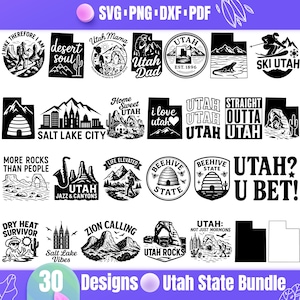 May include: A set of 30 black and white Utah-themed designs, featuring text and illustrations of mountains, landmarks, and phrases such as "Utah Dad" and "Salt Lake City." Available in SVG, PNG, DXF, and PDF formats, ideal for crafting projects.