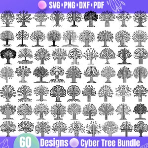 Puede incluir: Una colección de 60 diseños de árboles cibernéticos en blanco y negro. Los diseños están en formatos SVG, PNG, DXF y PDF. El texto "60 Designs Cyber Tree Bundle" está en la parte inferior de la imagen.