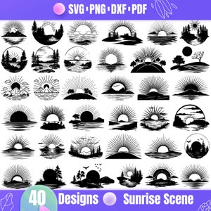 May include: A set of 40 black and white sunrise scene illustrations. The illustrations feature different scenes of sunrises over mountains, water, and trees. The illustrations are perfect for use in digital projects, crafts, and more.