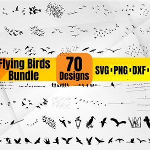 Puede incluir: Una colección de 70 diseños de siluetas negras de pájaros volando en varias formaciones. Los diseños están etiquetados como "Flying Birds Bundle 70 Designs SVG PNG DXF EPS".