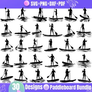 Könnte beinhalten: Ein Set mit 30 schwarzen Silhouetten-Designs von Personen beim Paddelsurfen. Die Designs eignen sich perfekt zum Erstellen von Bastelarbeiten, Aufklebern und anderen Projekten.
