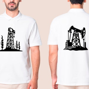 May include: A white polo shirt with a black silhouette of an oil derrick on the front and a black silhouette of an oil pump jack on the back.