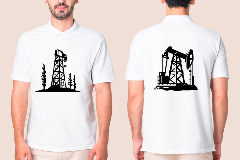 May include: A white polo shirt with a black silhouette of an oil derrick on the front and a black silhouette of an oil pump jack on the back.