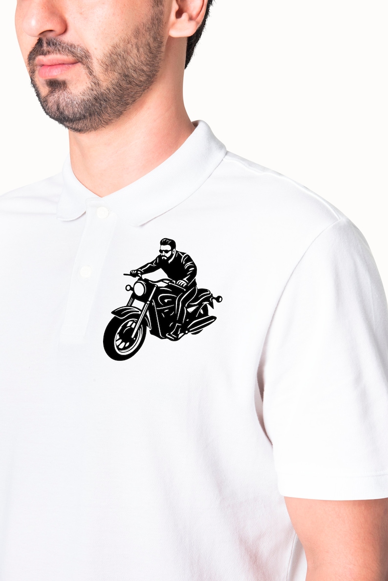 May include: White polo shirt featuring a black graphic of a person riding a motorcycle. The illustration shows a person wearing sunglasses and a leather jacket on a classic motorcycle. The shirt has a classic collar and buttoned placket.