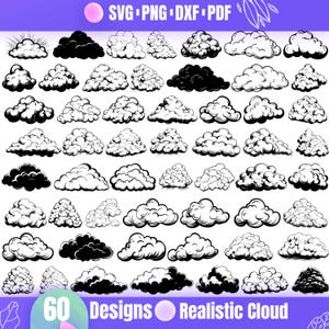 Könnte beinhalten: Ein Satz von 60 Schwarzweiß-Vektorillustrationen von realistischen Wolken. Die Wolken sind in verschiedenen Formen und Größen gezeichnet und eignen sich perfekt für den Einsatz in Designprojekten.
