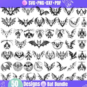 May include: A collection of 50 black and white bat designs in various poses, including flying, hanging, and perched. The image includes the text "50 Designs Bat Bundle" and file type indicators: SVG, PNG, DXF, and PDF.