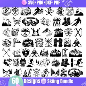 Op de afbeelding: Een verzameling van 60 zwart-witte ski-ontwerpen in SVG-, PNG-, DXF- en PDF-formaten. De ontwerpen bevatten skibrillen, skiërs, bergen, skiliften en tekst zoals "Ski Club", "Slope Life" en "Ski Adventure".
