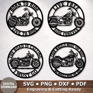May include: Four circular black metal wall art pieces featuring motorcycle silhouettes. The designs include the text BORN TO RIDE LIVE TO RIDE, LIVE FREE RIDE FOREVER, THE ROAD IS CALLING I MUST GO, and FOUR WHEELS MOVE THE BODY TWO WHEELS MOVE THE SOUL.