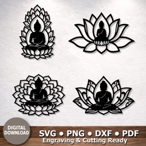 Puede incluir: Cuatro diseños de silueta negra que presentan una figura de Buda sentada centrada dentro de varios patrones de flores de loto estilizadas. El conjunto gráfico incluye el texto Digital Download, SVG, PNG, DXF, PDF, Engraving & Cutting Ready.