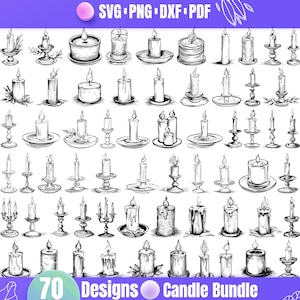 May include: A set of 70 black and white hand-drawn candle illustrations. The candles are in various shapes and sizes, some with holders and some without. The illustrations are perfect for crafting projects, scrapbooking, or digital design.