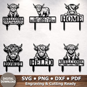 Może przedstawiać: Czarne metalowe znaki ogrodowe z wzorami krów szkockich i pozdrowieniami takimi jak "Witamy", "Home Sweet Farm", "Home", "Howdy" i "Hello". Znaki są przeznaczone do grawerowania i cięcia, dostępne w formatach SVG, PNG, DXF i PDF.