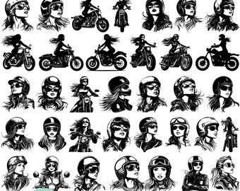 May include: A collection of 40 black and white biker girl designs in SVG, PNG, DXF, and PDF formats. The images include illustrations of women wearing helmets and sunglasses, some riding motorcycles.