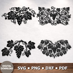 Puede incluir: Cuatro diseños de vid de uva de metal negro. Cada diseño presenta racimos de uvas y hojas. Los diseños tienen diferentes formas, incluyendo un rectángulo horizontal, un corazón y una vid. Las palabras "DESCARGA DIGITAL" y "SVG • PNG • DXF • PDF" están en la parte inferior.