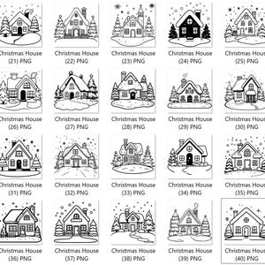 May include: A set of 40 black and white illustrations of Christmas houses. Each house is unique and features different architectural details, such as chimneys, windows, and doors. The illustrations are perfect for use in holiday crafts, cards, and decorations.
